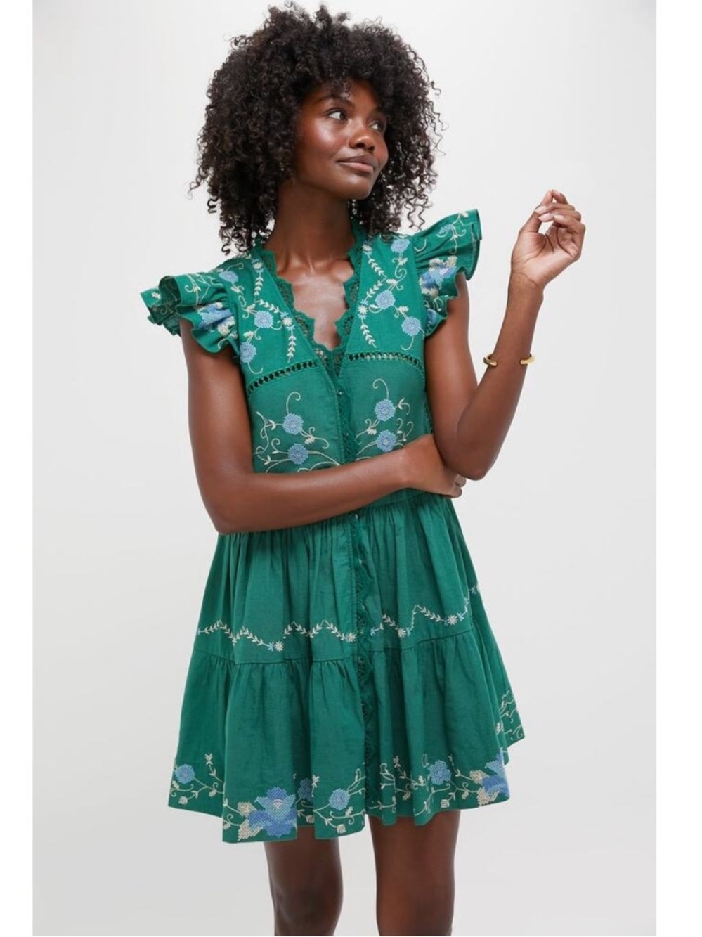 Sea New York Green Vesna Tunic Eyelet Embroidered Cross Stitch Small Short